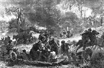 Frantic citizens take to the Peshtigo River to avoid the blaze.