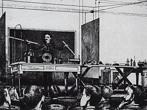 Illustration showing Tesla's demonstration of wireless electricity.